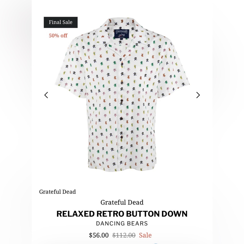 NWT Grateful Dead White Dancing Bears Button Down Shirt